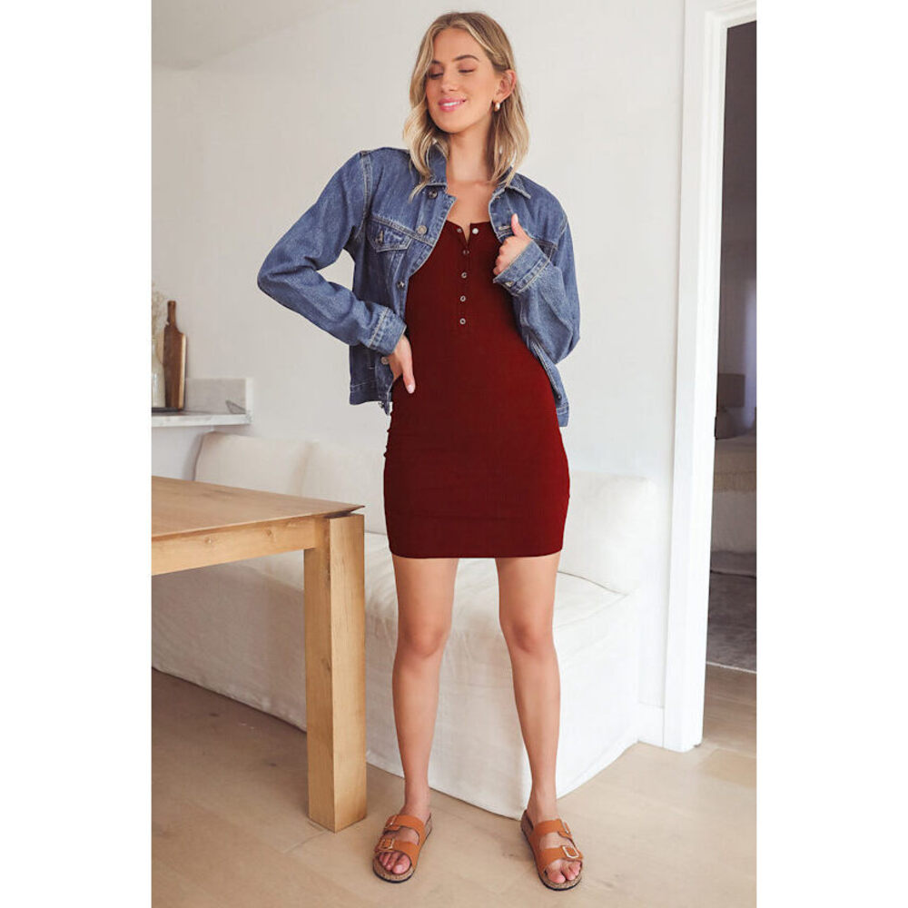 Lulus Go Beyond Basic Burgundy Ribbed Snap Front Bodycon Mini Dress Red - Size S